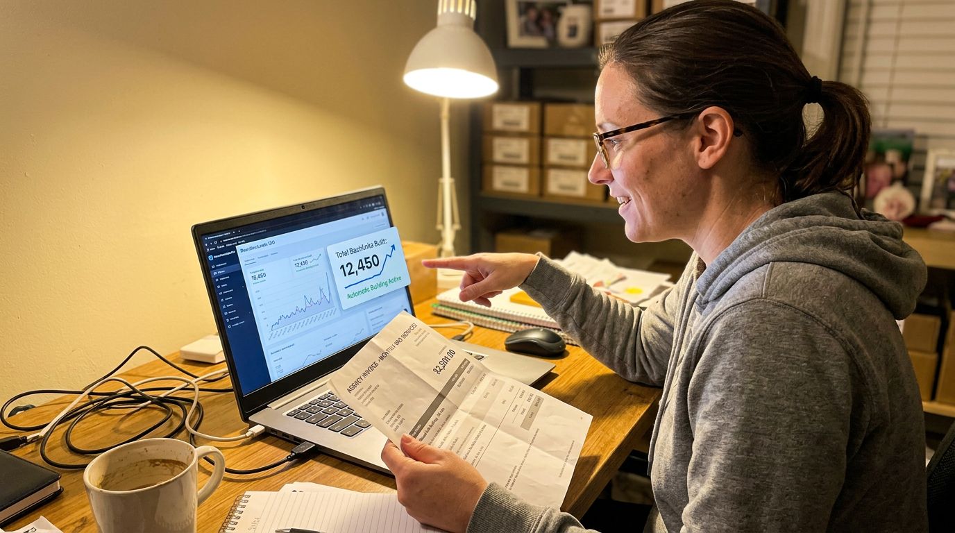 SCENE: Side-by-side comparison of a cluttered agency invoice versus a clean dashboard showing thousands of backlinks building automatically