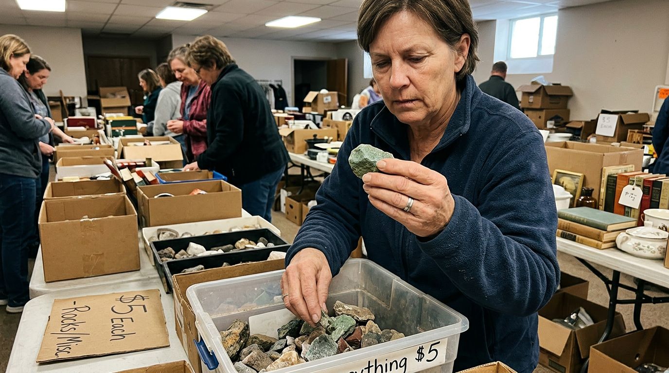 SCENE: Woman's weathered hands sorting through dusty green and brown stones at a crowded estate sale table, eyes narrowed in concentration