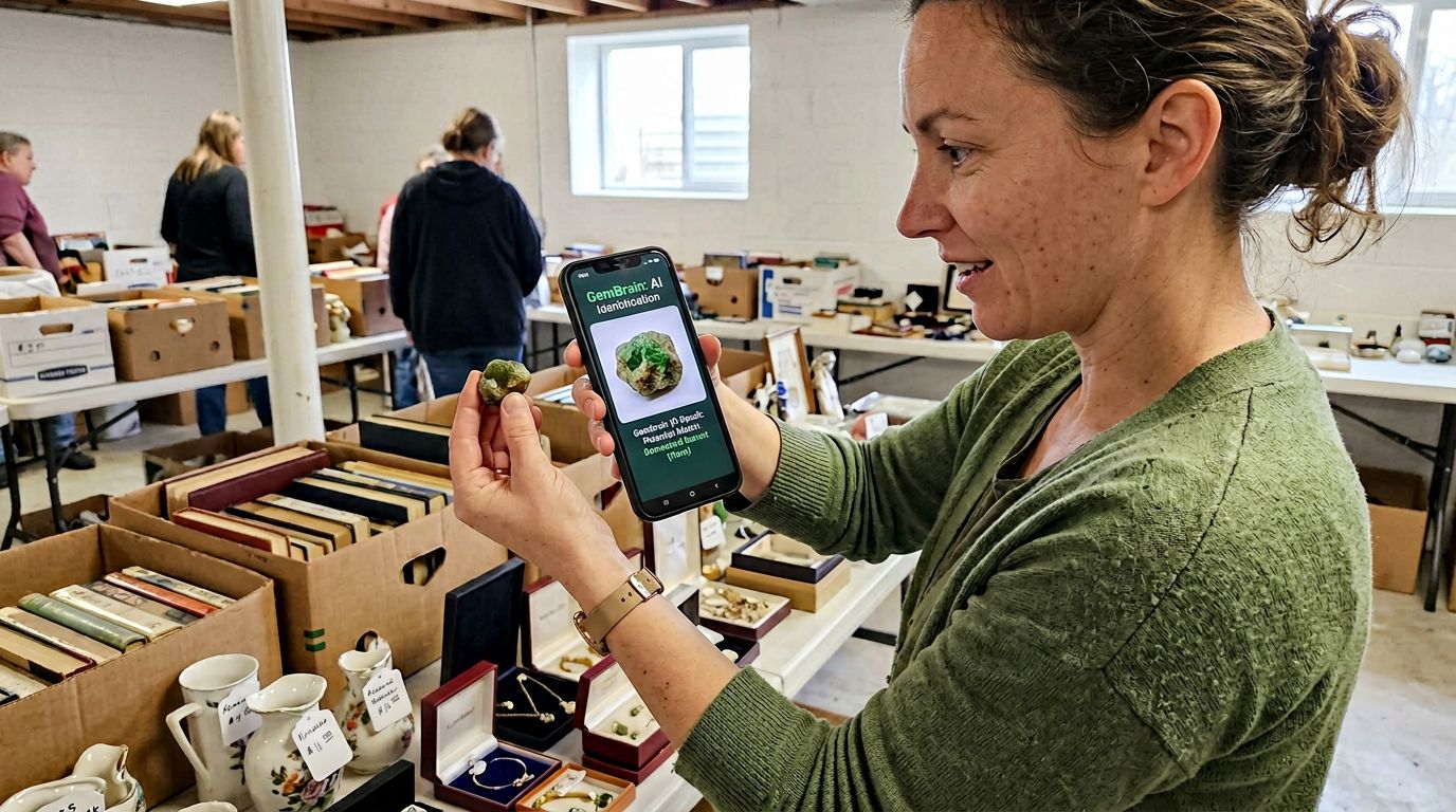 SCENE: Woman holding a green rough gemstone up to natural light at an estate sale, phone screen glowing with identification result beside it