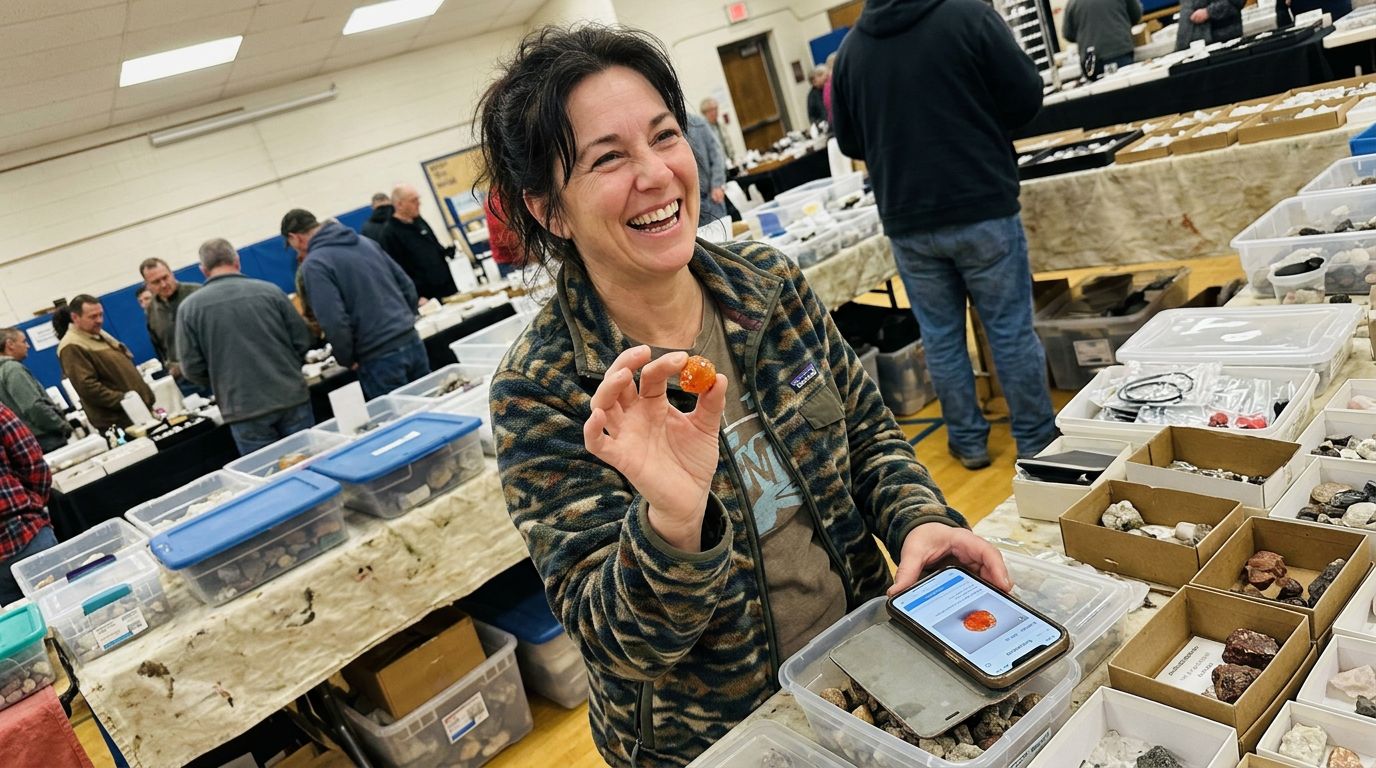 SCENE: Smiling woman at a gem show table, confidently holding up a glowing orange gemstone to a customer, phone open beside her collection