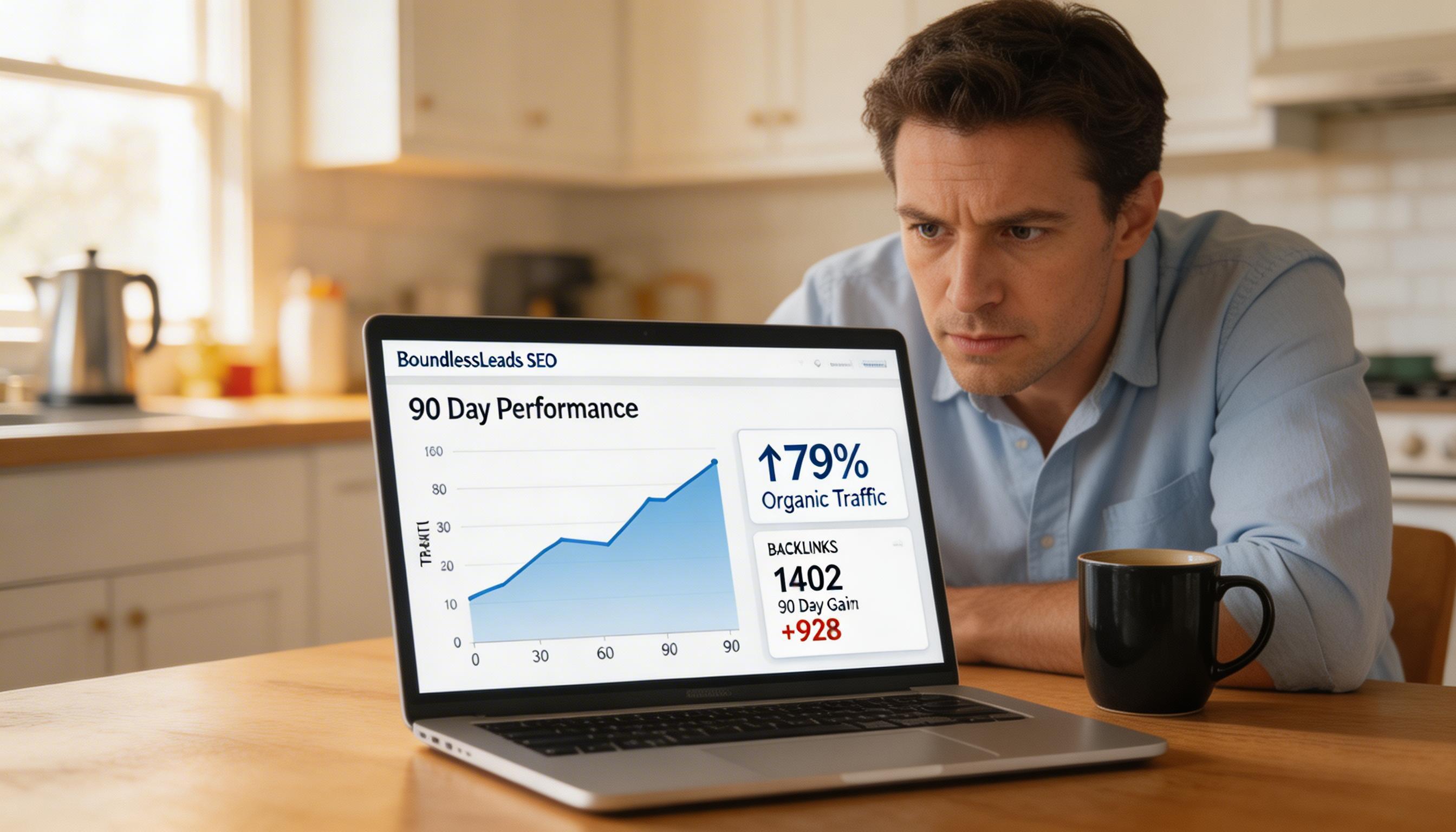 SCENE: A laptop open on a kitchen table showing a clean BoundlessLeads dashboard with a rising traffic graph and backlink count climbing over 90 days