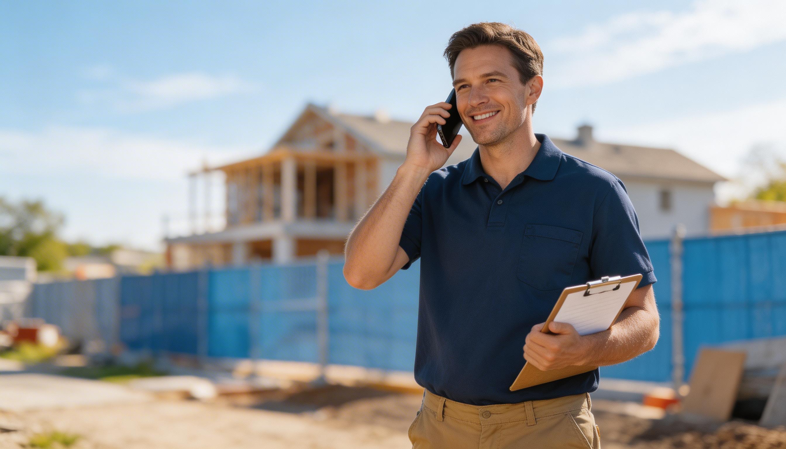 SCENE: A smiling contractor in work clothes answering his phone outside a job site on a bright morning, notepad in hand