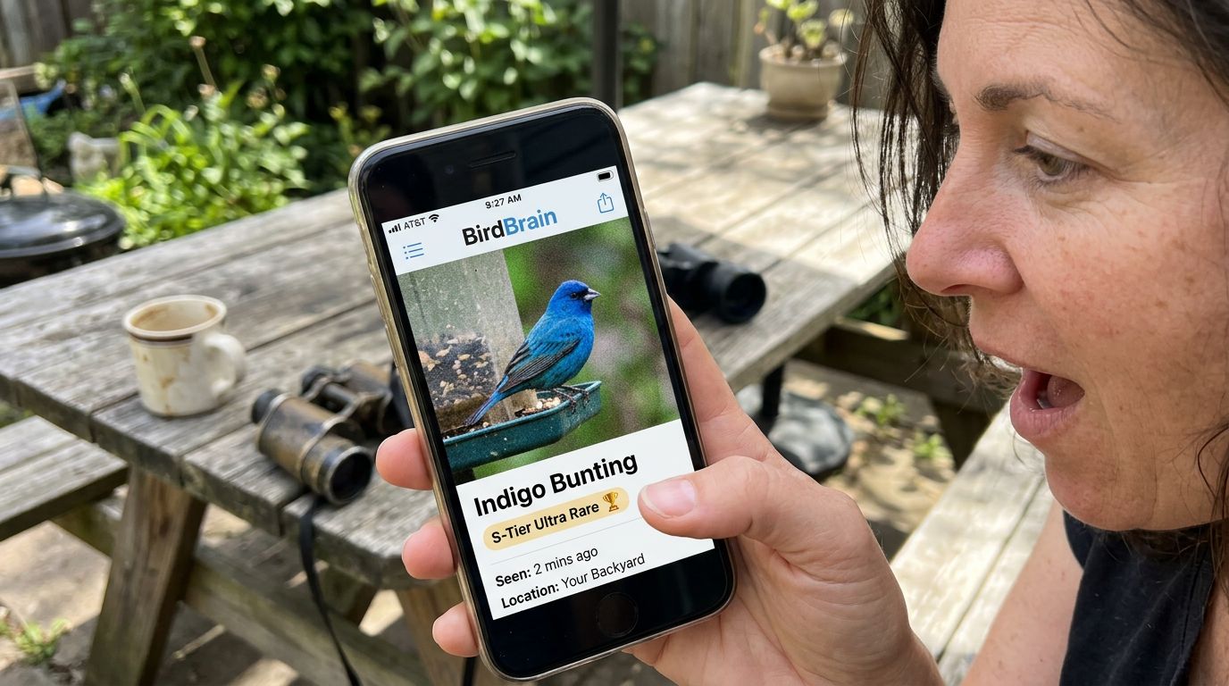 SCENE: Close-up of a woman's hand holding a phone showing a bird identification result — a vivid Indigo Bunting labeled S-Tier Ultra Rare — her expression just off-frame radiating the surprise of an unexpected discovery in her own backyard