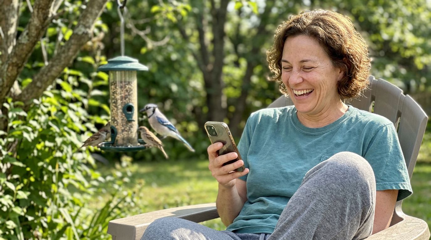 SCENE: A woman in her late 40s sitting in a sunny backyard, laughing at her phone screen, a bird feeder active behind her with three birds visible — the relaxed, lit-up expression of someone who has discovered something unexpectedly wonderful in her own ordinary life