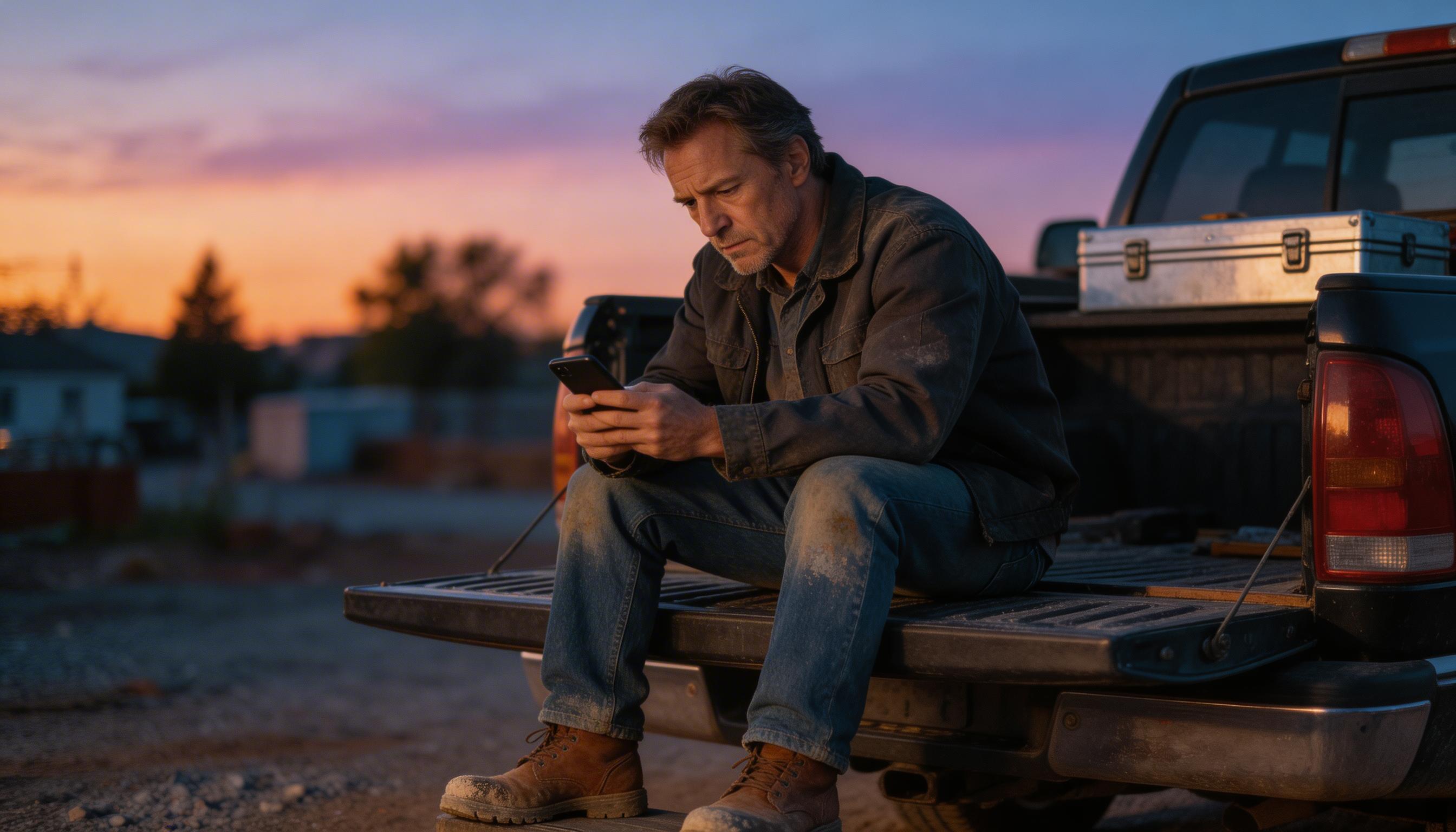SCENE: Exhausted contractor in work boots sitting on truck tailgate at dusk staring at a silent phone waiting for a lead call that never comes