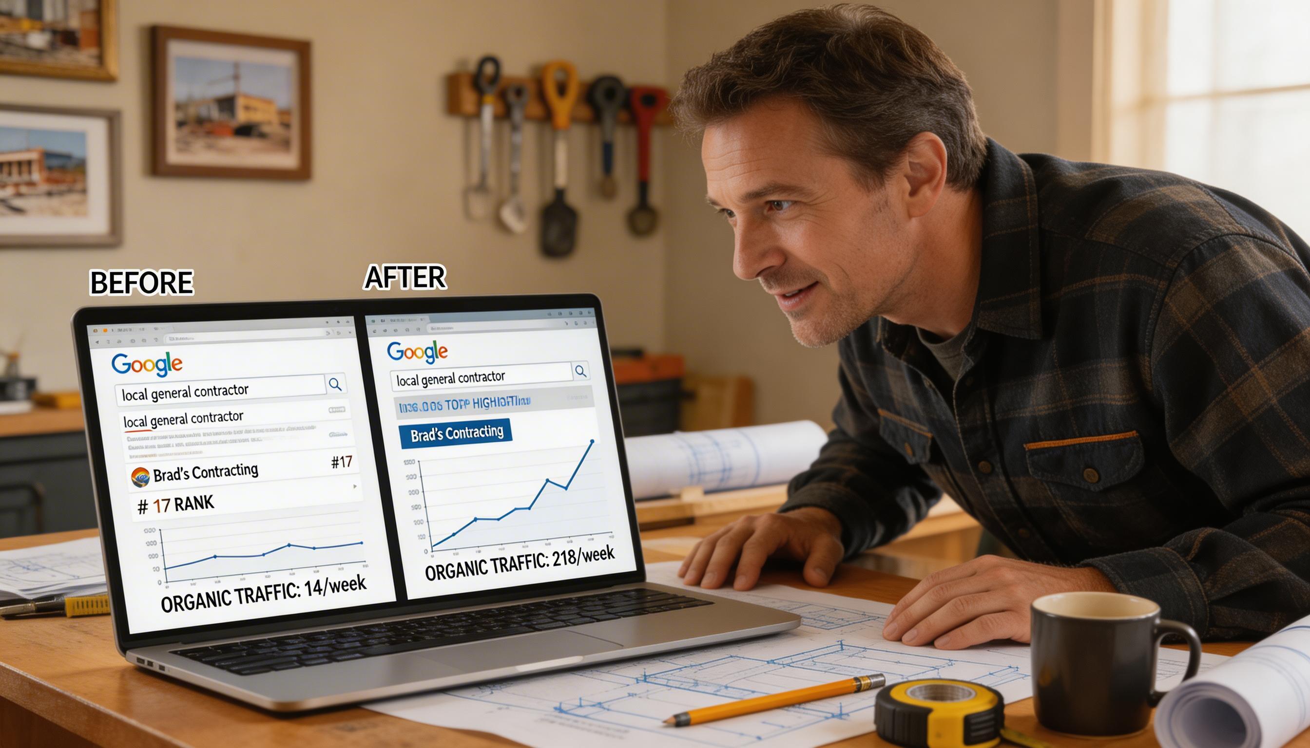 SCENE: Split view of a contractor's Google search ranking dashboard before and after a dramatic organic traffic increase shown on a laptop screen
