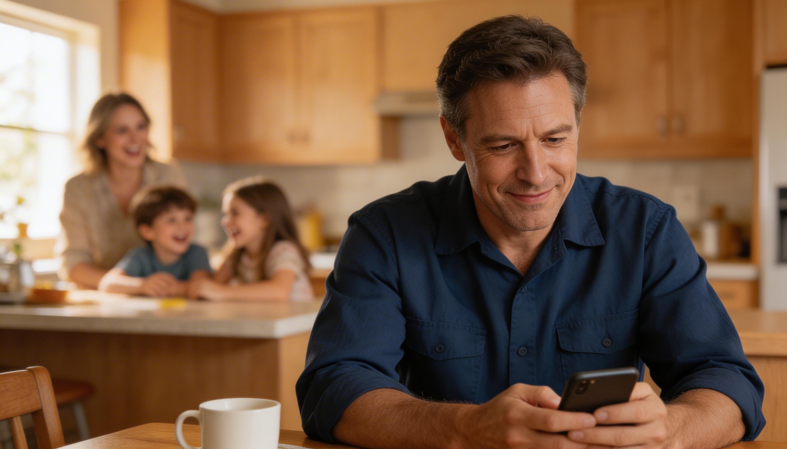 SCENE: Smiling contractor in clean work shirt reviewing his phone at a kitchen table with his family visible laughing in the background behind him
