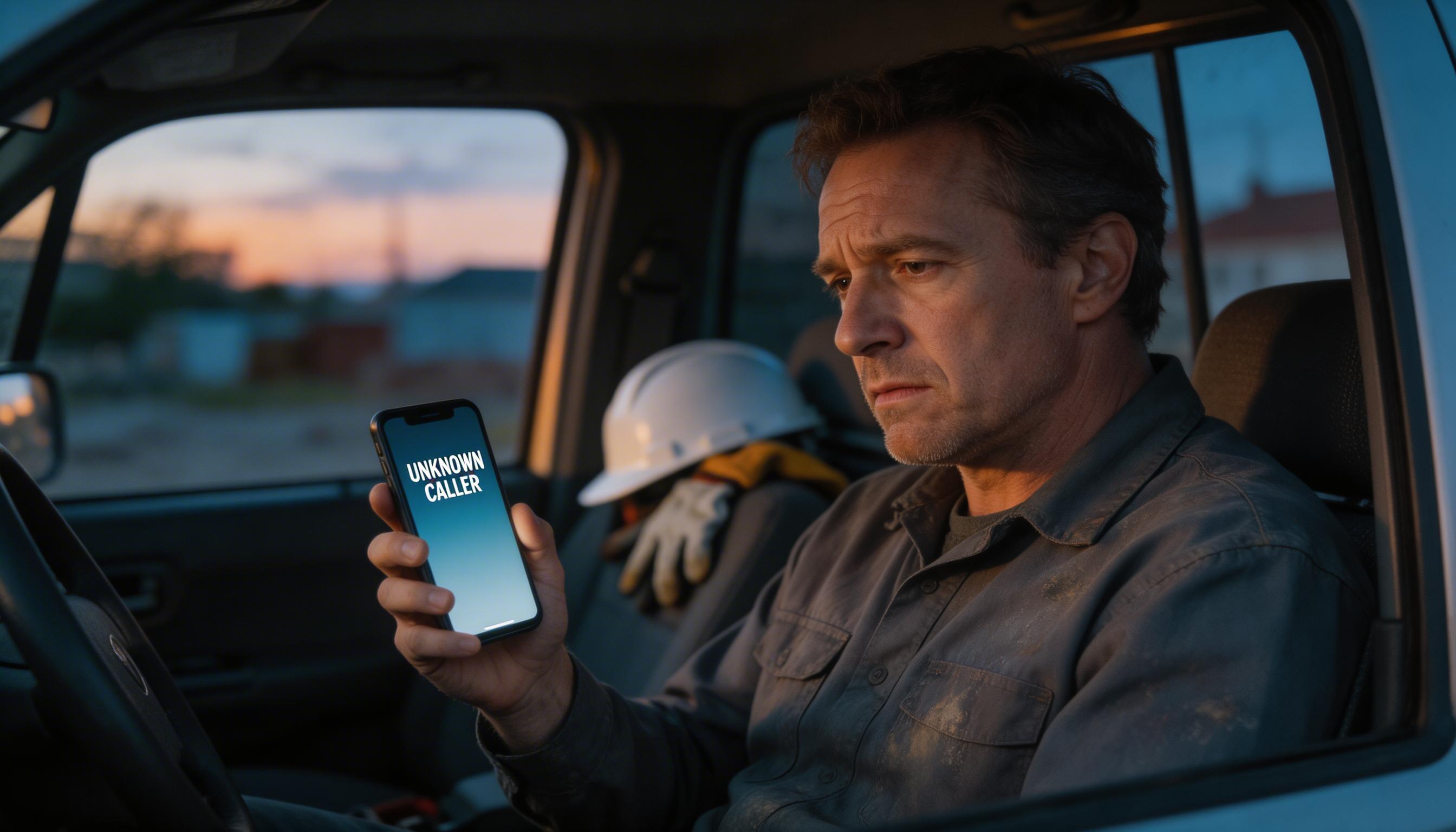 SCENE: A weary contractor in a work shirt sits in his truck at dusk, staring at a ringing phone he doesn't recognize, looking uncertain and tired