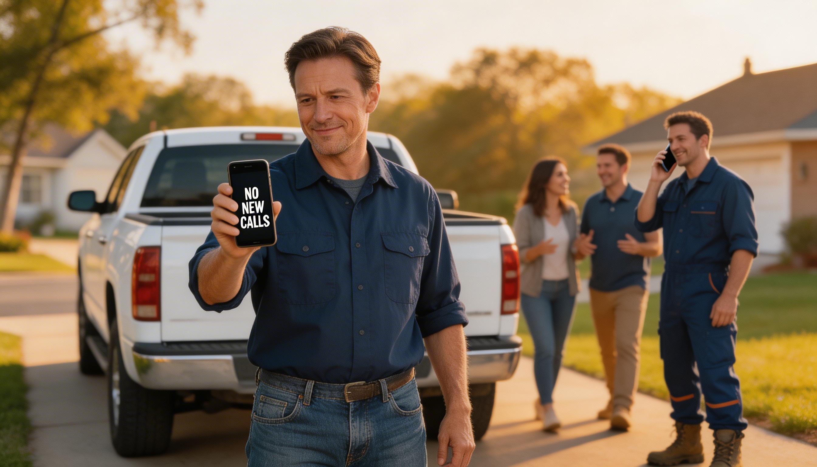 SCENE: A smiling male contractor in his 40s stands confidently in his driveway next to his branded work truck, phone in hand, looking at incoming call notifications